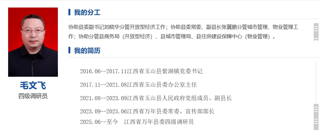江西省万年县委常委、宣传部部长毛文飞改任万年县委四级调研员